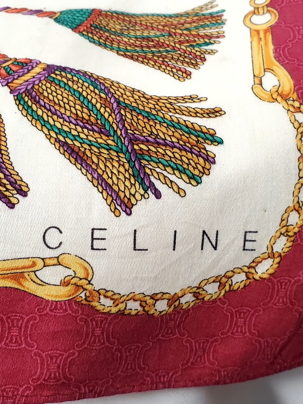 Celine White and Wine Red Silk Scarf with Gold Chain & Multicolor Tassels - Picture 2 of 6